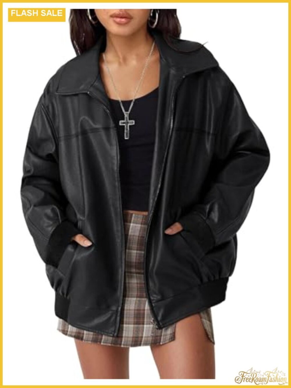 Faux Leather Jacket Oversized Fall Bomber Zip Up Coat